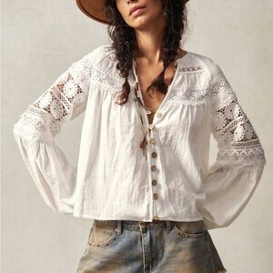 Boho white floral lace insert  blouse